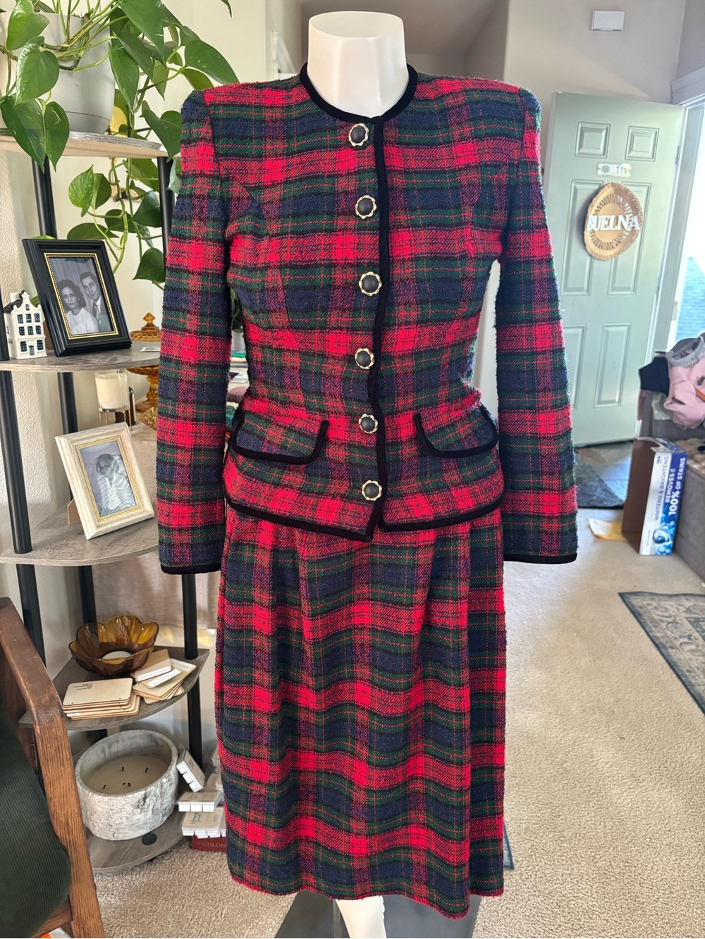 Vintage late 80’s Marie St. Claire Red & Green Plaid Tweed Blazer and Skirt Set
